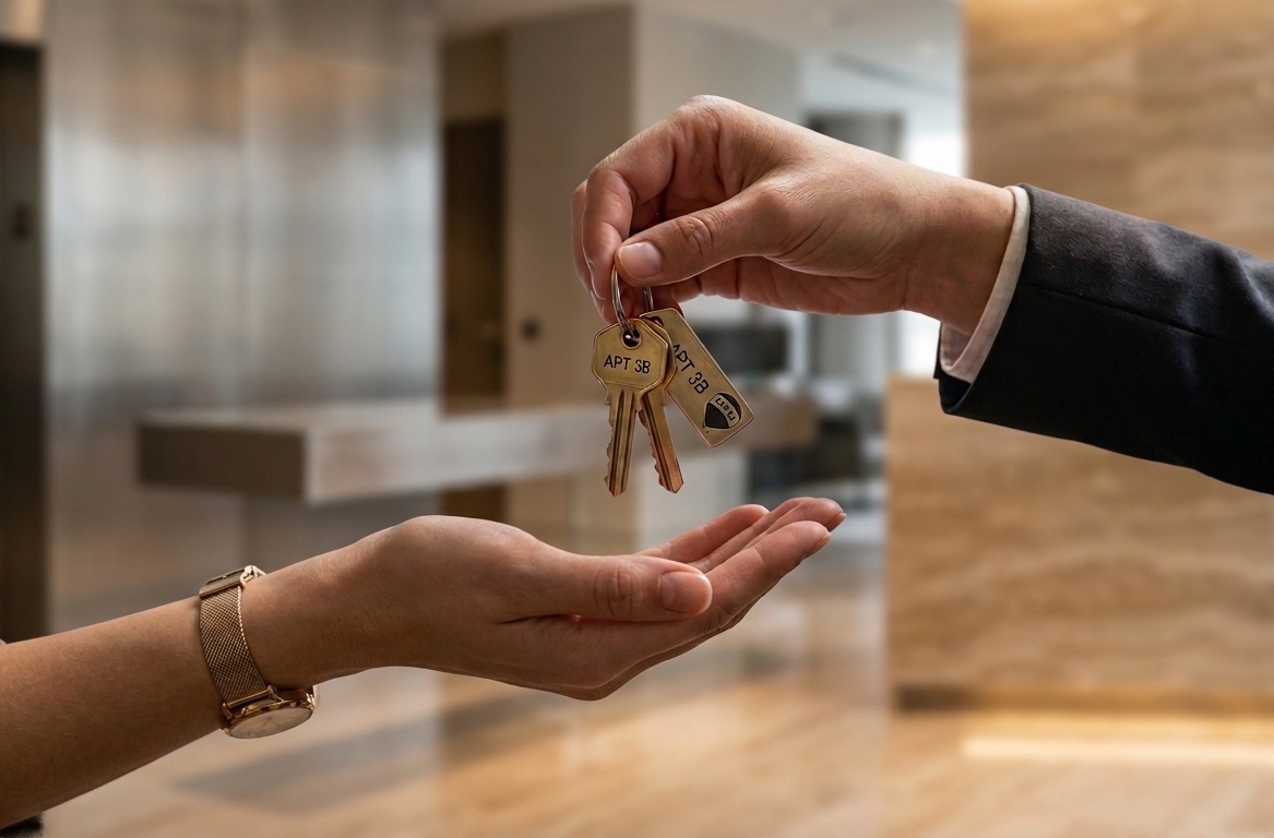 Property manager handing keys to tenant