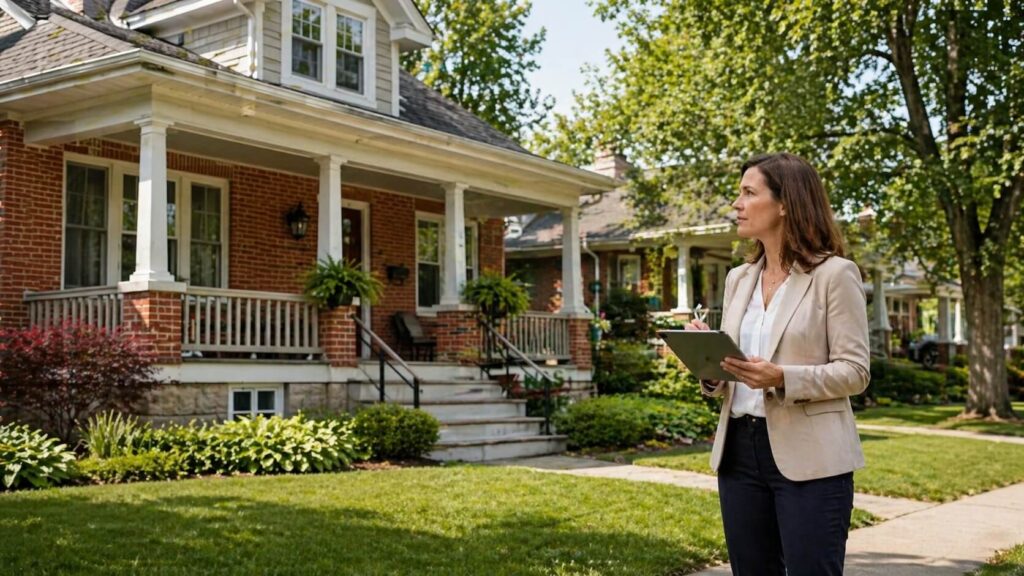 Photo of realtor standing in front of a property