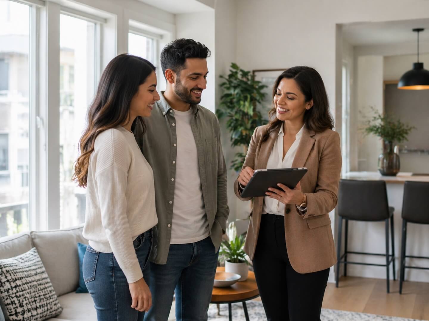 A landlord showing a lease to new tenants.