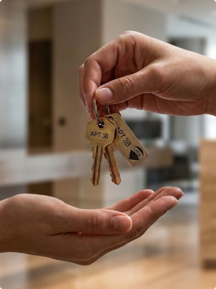A realtor handing a renter keys