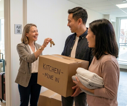 Photo of a realtor handing keys to tenants